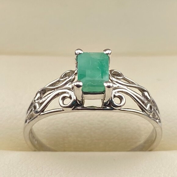 Vtg. CID CLYDE DUNEIER 10K White Gold & 0.5 Ct. Natural Emerald Ring Sz. 7.5 - Picture 1 of 16